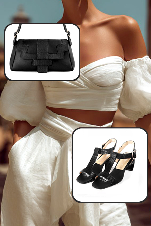 Women's satin black elegant fully open instep strap sandals. Square toe. Medium comma heels - Worn view